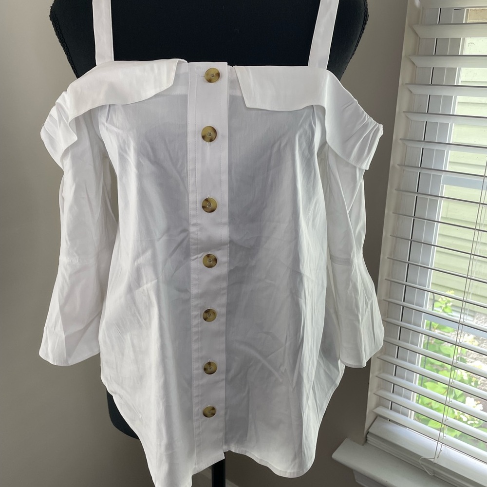 White Off-Shoulder Button-Down Top - image 2